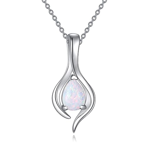 VONALA Sterling Silver Necklace Moss Agate/Turquoise/Larimar/Aquamarine/Opal/Black Onyx/Rose Quartz/Moonstone Pendant Teardrop Necklace Jewelry Gift for Women - style: Opal