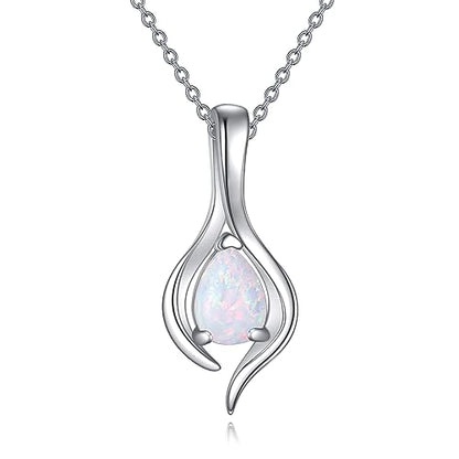 VONALA Sterling Silver Necklace Moss Agate/Turquoise/Larimar/Aquamarine/Opal/Black Onyx/Rose Quartz/Moonstone Pendant Teardrop Necklace Jewelry Gift for Women - style: Opal