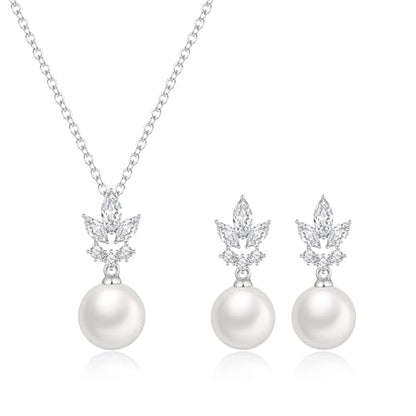 EleQueen Women's Simulated Pearl Wedding Jewelry Set for Brides | Cubic Zirconia Necklace Earrings Bracelet Set for Brides Bridesmaids, Bridal Jewelry Set for Anniversary/Memorial Day - style: Silver-Plated-Brass Pearl Earrings Set
