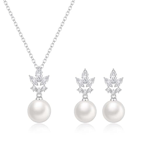 EleQueen Women's Simulated Pearl Wedding Jewelry Set for Brides | Cubic Zirconia Necklace Earrings Bracelet Set for Brides Bridesmaids, Bridal Jewelry Set for Anniversary/Memorial Day - style: Silver-Plated-Brass Pearl Earrings Set