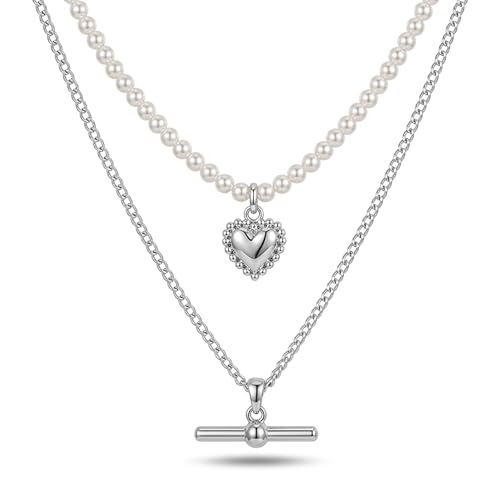 Layered Necklaces for Women Pearl Necklace Stack Gold T Bar Necklace Set Dainty Heart Pendant Jewelry Trendy 2026 Fashion Accessories Gifts - color: A2:2pcs-silver