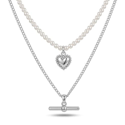 Layered Necklaces for Women Pearl Necklace Stack Gold T Bar Necklace Set Dainty Heart Pendant Jewelry Trendy 2026 Fashion Accessories Gifts - color: A2:2pcs-silver