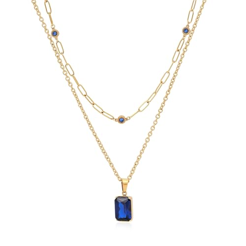 Birthstone Layered Pendant Paperclip Necklace 18k Gold Plated Heart Choker Chain Necklace Emerald Cut Jewelry Birthday Gift for Women - color: Emerald-Cut Sapphire