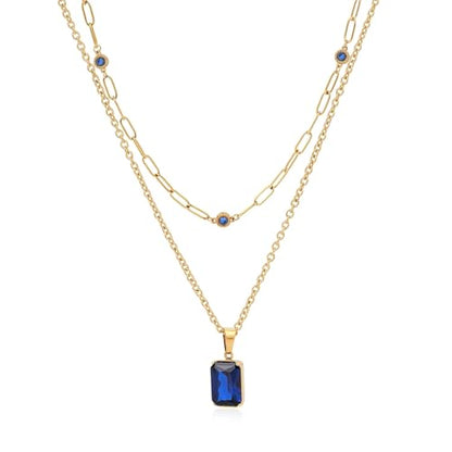 Birthstone Layered Pendant Paperclip Necklace 18k Gold Plated Heart Choker Chain Necklace Emerald Cut Jewelry Birthday Gift for Women - color: Emerald-Cut Sapphire