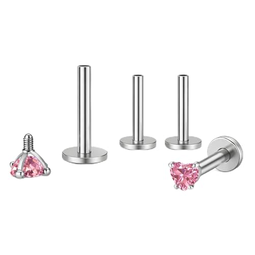 Titanium Heart CZ Labret Stud Earrings for Piercings by Ginger Lyne 6Pc Set G23 Screw Front Flat Back Body Jewelry 2 pair post 6mm, 8mm Cartilage, Helix, Tragus, Lip, Conch, Lobe - color: 3mm-Pink