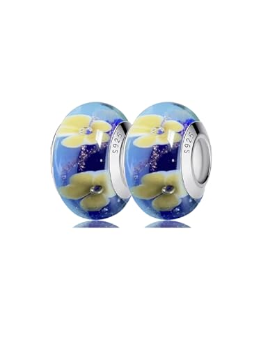 2pcs Authentic 925 Silver Murano Glass Flower Charms for Pandora Bracelets - color: 05-Blue & Yellow flowers