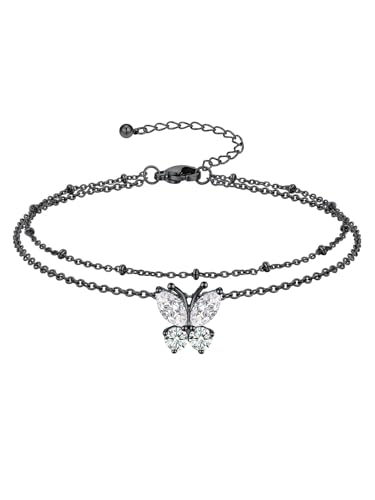 Richsteel Double Layer Heart/Butterfly Birthstone Anklet for Women | Non Tarnish Waterproof, Silver/Gold/Black Stainless Steel 8.5-10.5 Inch Adjustable Chain Anklets Summer Beach Foot Jewelry - color: Black Butterfly-04 Apr.(Diamond)