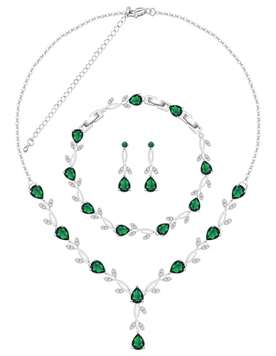 Jewelry Set for Women Bride Bridesmaid Wedding Party Prom Necklace Earrings Bracelet Set Gift for Mother Wife Friend - color: Green