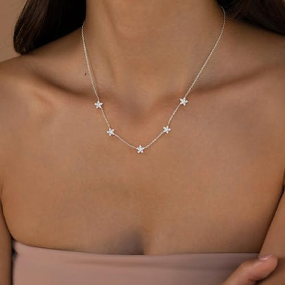 VRIUA Necklaces for Women - 14K Gold/Silver Plated Dainty Chain Necklace with Five Charms: Diamond, Bow, Snowflake, Cross, Flower, Clover, Butterfly, Heart, Star of David, and Star Trendy Jewelry - color: Silver, style: Star-1