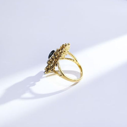 Boho Retro Rhinestone Ring Ethnic Big Flower Crystal Finger Ring Trendy Statement Tribal Indian Dance Costume Ring Jewelry for Women - color: Gold-black