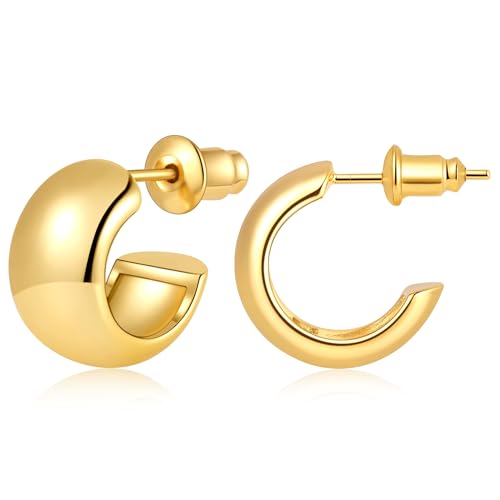 Gamicy Small Gold Hoop Earrings for Women with 925 Stering Silver Post | 14K Gold Plated Hoop Earrings for Women Trendy, Chunky Lightweight Hoops Earrings - color: Gold, size: 13MM