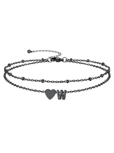 Ankle Bracelets for Women Waterproof 14K Gold/Silver/Black Initial Anklet for Women Dainty Layered Heart Ankle Bracelets Stainless Steel Adjustable Foot Chain Anklet Summer Beach Jewelry - color: W-Black