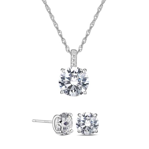 925 Sterling Silver Cubic Zirconia Necklace and Earrings Set for Women, Heart, Cushion, Round, Emerald Cut CZ, Solitaire Bezel Jewelry Set, CZ Bridal Jewelry Set, Bridesmaid Gift - style: Round Cut