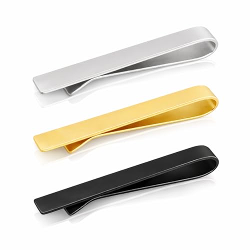 Roctee Skinny Tie Clip, 3 Pack Tie Bar Tie Clips For Men Low-Key Matte Black Elegant Necktie Pinch Clips For Business Meeting Graduation Ceremony Wedding Anniversary Party - color: Matte Black,Matte Sliver,Matte Gold