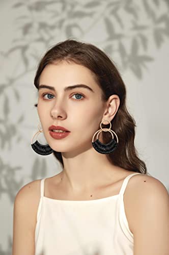 Raffia Hoop Earrings for Women Fun Boho Summer Beach Earrings Lightweight Handmade Straw Wicker Rattan Dangle Earrings Statement Geometric Round Drop Earrings - color: Black - Round