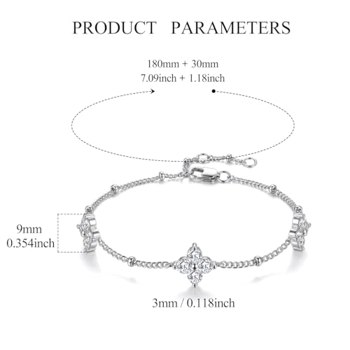 Dainty Lucky Four Leaf Clover Bracelets for Women, Trendy 14K Gold Plated Hypoallergeni Cubic Zirconia Bracelets Cute Paperclip Interlocking Adjustable Chain - color: Silver Clover Bracelet