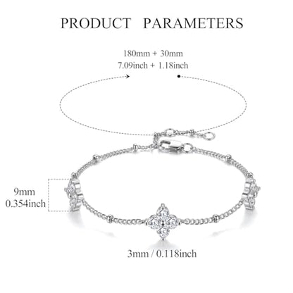 Dainty Lucky Four Leaf Clover Bracelets for Women, Trendy 14K Gold Plated Hypoallergeni Cubic Zirconia Bracelets Cute Paperclip Interlocking Adjustable Chain - color: Silver Clover Bracelet
