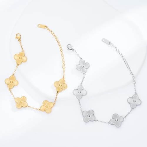 Waterproof Four-Leaf Clover Bracelet,Adjustable Link Double Sided Jewelry, Lovely Fashion Jewelry Gift for Women - color: Gold bracelet + silver bracelet