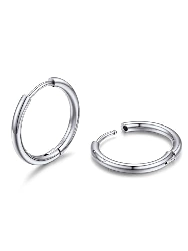 PROSTEEHoop Earrings for Men Women Stainless Steel Silver/Black/14K Gold | Waterproof & Lightweight Sleeper Small Huggie Earring Hypoallergenic Post Cartilage Piercing Jewelry for Mens Dad Gift Box - color: A. Round-Silver, size: 14mm
