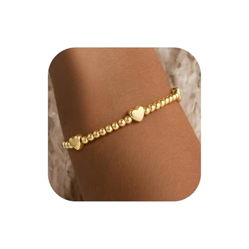 M MOOHAM Gold Beaded Charm Bracelets for Women Girls Non Tarnish | 14K Gold Plated, Dainty CZ Heart Smile Face Cross Charm Stretch Bead Bracelet for Women Teenage Teen Girls - color: Heart