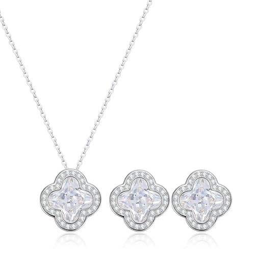 14K Gold Plated | 14K Platinum Plated Necklace for Women Necklace Earrings Set with Sparkling Zircon Inlay and Silver Post Earrings - color: Simple smooth clover flower set silver