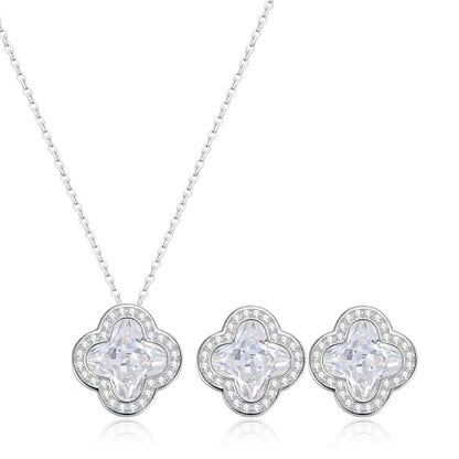 14K Gold Plated | 14K Platinum Plated Necklace for Women Necklace Earrings Set with Sparkling Zircon Inlay and Silver Post Earrings - color: Simple smooth clover flower set silver