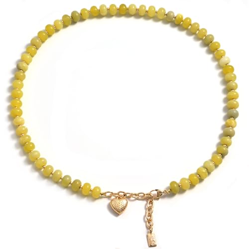 Boho Gemstone Beaded Necklace for Women – Colorful Natural Stone Choker 18K Solid Heart-Shaped Pendant, Summer Beach Jewelry - color: Lemon Jade