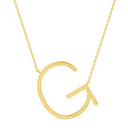 MAX + STONE 14k Gold Plated Sterling Silver Large Sideways Block Initial Letter Pendant Necklace for Woman with 16 Inches to 18 Inches Adjustable Chain and Spring Ring Clasp - style: Letter G