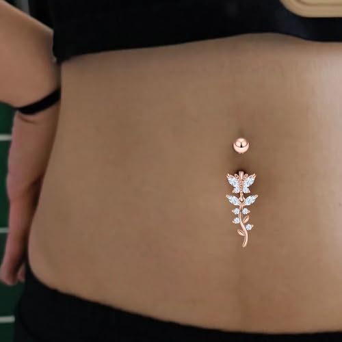 Vsnnsns 14G Dangle Belly Button Ring Piercing Jewelry 316L Stainless Surgical Steel Snake Heart Butterfly Flower Diamond CZ Navel Rings Dangling Belly Button Ring Piercing Jewelry for Women 14 Gauge - color: Rose Gold Tone