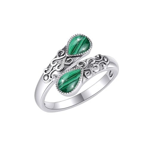 Ring for Women Sterling Silver Adjustable Band Open Rings Jewelry Gifts for Girls - style: Malachite