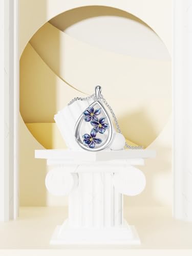 12 Month Birth Flower Necklace for Women 925 Sterling Silver Floral Teardrop Pendant Birthday Jewelry Gifts - color: 02. February Violet