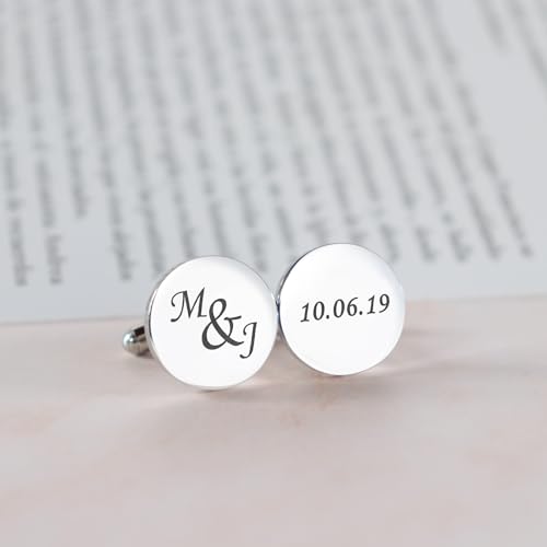 Custom engraved cufflinks for men, personalized wedding gift for groom, father of the bride & groom dad, best men, customized gold & silver cufflinks with dates, quotes or couples initials from bride - style: Initials and date
