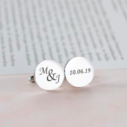 Custom engraved cufflinks for men, personalized wedding gift for groom, father of the bride & groom dad, best men, customized gold & silver cufflinks with dates, quotes or couples initials from bride - style: Initials and date