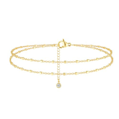 Robaice Ankle Bracelets for Women, 14K Gold Plated/Silver Layered Anklets | Waterproof Adjustable Anklet for Women, Summer Beach Anklet, Glitter Jewelry for Women Gifts - color: Gold-2