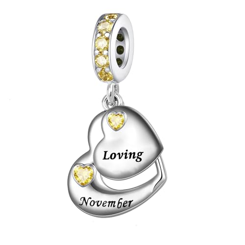 Double Heart Dangle Charm 12 Birthstone Bead for European Bracelet - style: November
