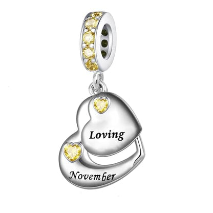 Double Heart Dangle Charm 12 Birthstone Bead for European Bracelet - style: November