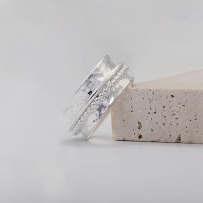 925 Sterling Silver Anxiety Ring with Beads Fidget Spinning Rings for Women Worry Beads Rings - color: hammered design C