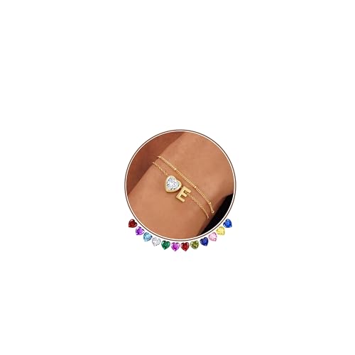 14K Gold Plated Heart Initial Birthstone Gold Bracelets for Women | Dainty Heart Letter A-Z Charm Layered Bracelets Birthday Trendy Jewelry Gifts for Women - color: E