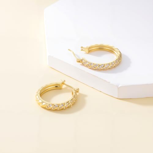 14K Gold Hoop Earrings for Women 14K Gold Earrings Jewelry Spiral Cubic Zirconia Thick Hoops Hypoallergenic Womens Huggie Earring 20/25/30/35MM - size: 35MM