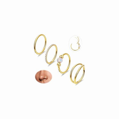 4PCS 18G 20G Surgical Steel Nose Ring Hoop for Women Men Hinged Double Nose Hoop CZ Opal Clicker Septum Nose Hoops Cartilage Conch Tragus Rook Ring Lip Daith Piercing Jewelry Gold Silver 7-9MM - color: Gold, size: 20G-9mm (Relatively Big)