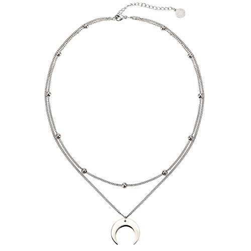 BaubleStar Crescent Pendant Necklace Layering Titanium Chain Choker for Women - color: Silver