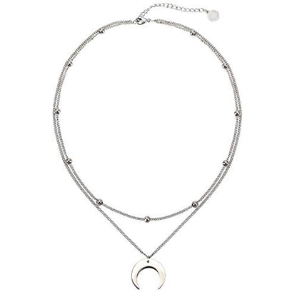 BaubleStar Crescent Pendant Necklace Layering Titanium Chain Choker for Women - color: Silver