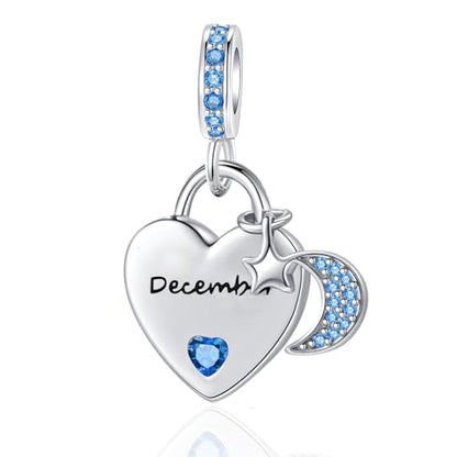 12 Months Birthstone Heart Charm Moon and Star Pendant Bead Compatible with Pandora Bracelet Women - style: December