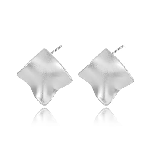 Unique Abstract Earrings For Women,Geometric Statement Stud Earring Large Hypoallergenic Earring for Gift - color: white gold plated Brushed