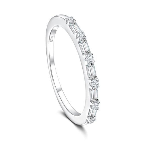 925 Sterling Silver 1.5mm Thin Baguette Stackable Rings for Women | Created Ruby/Sapphire/Emerald/Cubic Zirconia,Dainty Wedding Band Birthday Anniversary Jewelry(with Gift Box) - color: 02-Cubic Zirconia