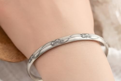 Sterling Silver Floral Vine Cuff Bracelet, .925 Silver, Boho Engraved Bangle, Adjustable 6" with 1" Opening