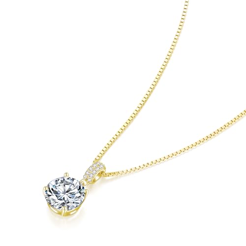SUNFEEL Sterling Silver Necklaces 2 Carats Cubic Zirconia/Moissanite Necklace Dainty Jewelry Gifts for Mom Wife Girlfriend Bridal for Prom Wedding Anniversary Birthday - color: 02-Cubic Zirconia-Gold