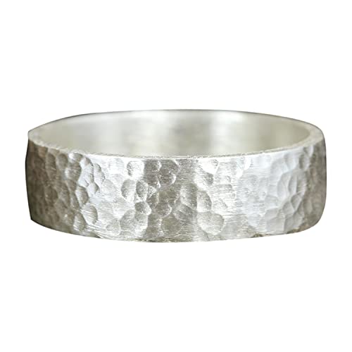 925 Sterling Silver Wedding Ring Hammered Flat Pipe Cut Textured Thick & Durable Handmade Unisex Mens & Women Rustic Engagement Promise Band - US Size 4-13 - Custom Engraving - color: 01 - 6mm Silver