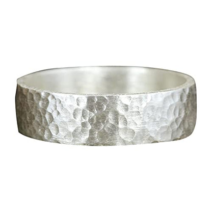 925 Sterling Silver Wedding Ring Hammered Flat Pipe Cut Textured Thick & Durable Handmade Unisex Mens & Women Rustic Engagement Promise Band - US Size 4-13 - Custom Engraving - color: 01 - 6mm Silver