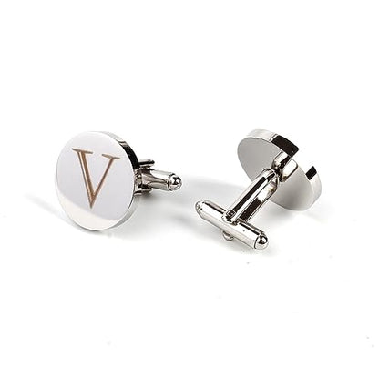 Mens Initial Silver Cufflinks A-Z Alphabet Letter Steel Cuff Links with Engraved Walnut Wood Box Groom Groomsman Wedding Set… - style: V